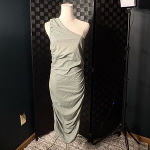 Ruched One-Shoulder Midi Dress in Sage Green